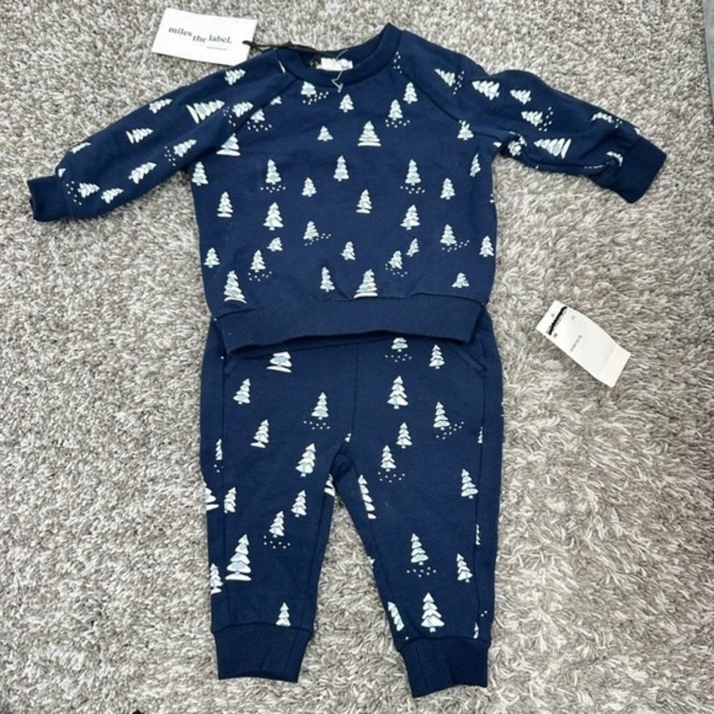 Miles the Label 3M 2pc Outfit Set Navy Blue Christmas Tree Organic Cotton NWT